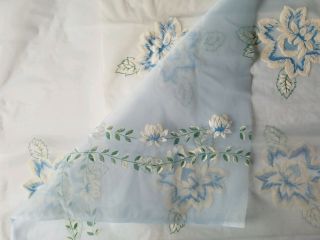 Vintage 1960s Sheer Flocked Floral Fabric Blue Flowers 6yd X 48 " Curtains Apron