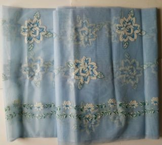 Vintage 1960s Sheer Flocked Floral Fabric blue flowers 6yd x 48 