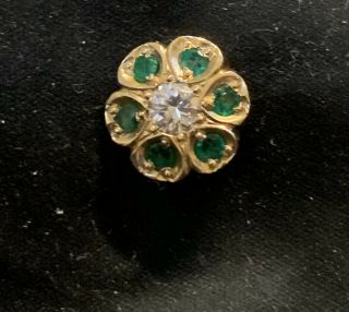 Vintage Handmade 14k Yellow Gold.  20 Diamond & Emerald Tie Tack Lapel Pin