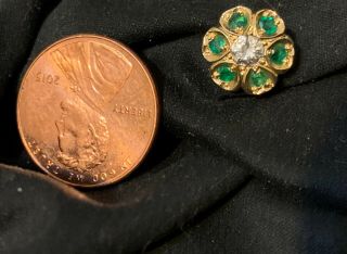Vintage Handmade 14K Yellow Gold.  20 Diamond & Emerald Tie Tack Lapel Pin 2