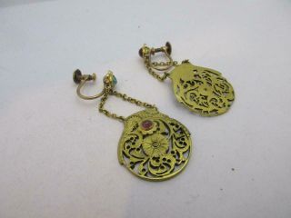 Gilt Metal Rolled Gold Ruby & Peridot Watch Back Earrings Antique Victorian.  K60