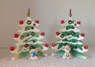 2 Vtg Howard Holt 1958 Ceramic Christmas Tree Candle Holder 2 Ceramic Ornaments