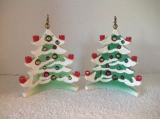 2 VTG HOWARD HOLT 1958 CERAMIC CHRISTMAS TREE CANDLE HOLDER 2 CERAMIC ORNAMENTS 2