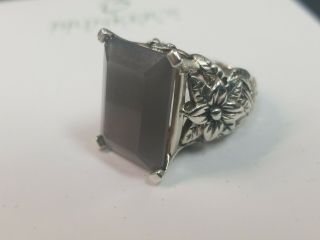 Stephen Dweck Sterling Silver Emerald Cut Quartz Floral Carved Ring Size 7