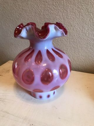 Vintage Fenton Cranberry/opalescent Coin Dot Lamp Shade W/ Ruffled Rim.