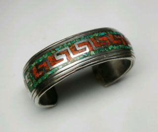 Early Vintage Signed Rs Navajo Sterling Silver Turquoise Coral Cuff Bracelet