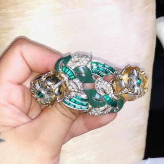 Vtg Emerald Signed Coro Duette Rhinestone Pin Brooch Fur Clip Flower Trembler