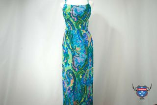 Vintage Flower Power Hippie Psychedelic Dress 60s 70s Blue Green Womens Dress M