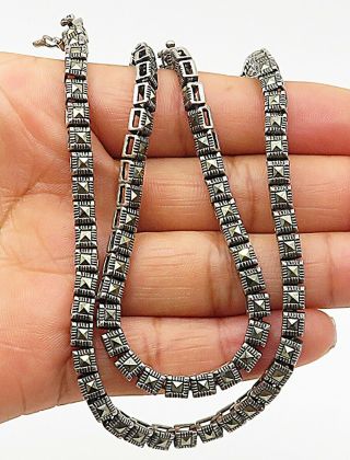 925 Sterling Silver - Vintage Marcasite Square Linked Chain Necklace - N2037
