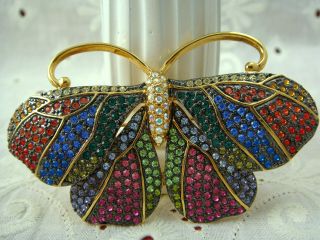 Vtg Joan Rivers Rainbow Crystal Pave Rhinestone Gold Tone Butterfly Pin Brooch