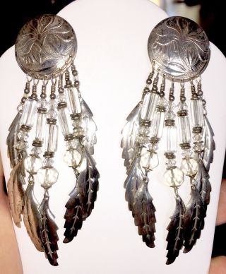 Fab Tabra Austrian Crystal Etched Sterling Silver Feather Chandelier Earrings
