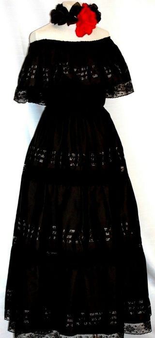 5 De Mayo Mexican Black Maxi Dress Off Shoulder Catrina Day Of The Dead Ruffle