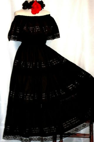 5 de Mayo Mexican Black Maxi Dress Off shoulder Catrina Day of the Dead Ruffle 2
