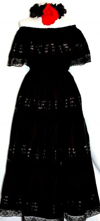 5 de Mayo Mexican Black Maxi Dress Off shoulder Catrina Day of the Dead Ruffle 3