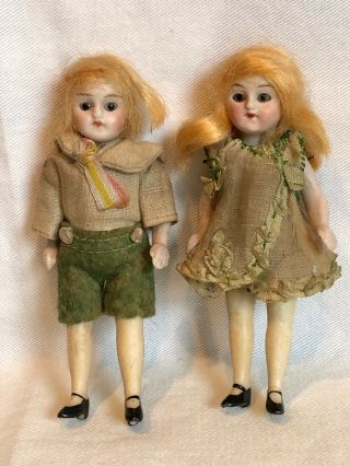 All Antique German Bisque Glass - Eyed Boy & Girl Dolls 3 3/4 " H