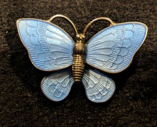 Vintage Denmark Vb Signed Sterling Silver Enamel Blue Butterfly Brooch