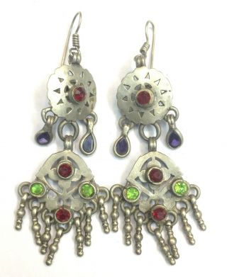 Vintage Antique Ethnic Tribal Silver Jewelry Earring Pair From Rajasthan India.