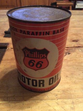 Vintage Phillips 66 1 Quart Metal Motor Oil Can Orange Paraffin Base Rare
