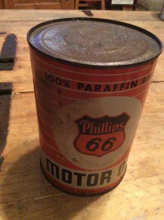 Vintage Phillips 66 1 quart metal motor oil can orange paraffin base RARE 5