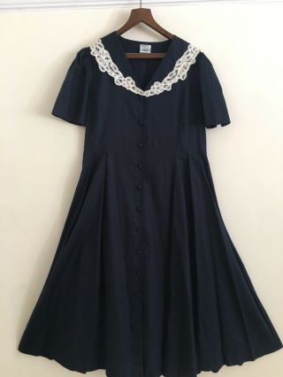 Laura Ashley Vintage English Lace Collar Navy Tea Dress Size Uk 16 Cotton Linen