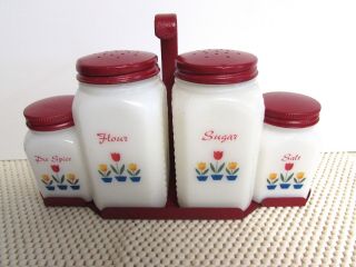 4 Vintage Mckee Shaker Spice Jars Milkglass Tulips Decals Fan Sides Red Rack
