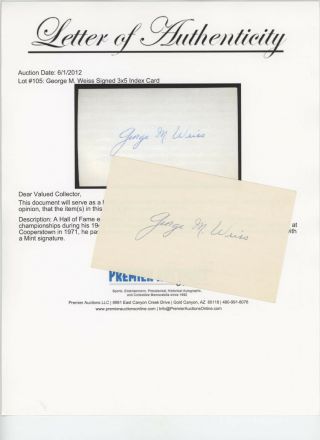 George M.  Weiss Yankee,  Mets Exec Hof Signed Auto Vintage 3x5 Card Loa