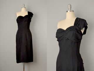 1950s Black Bombshell One Shoulder Wiggle Little Black Dress S M Lbd 50s Vintage