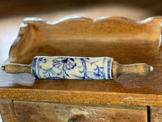 Artisan Vintage Miniature Dollhouse Porcelain Rolling Pin Blue White Paint Wood