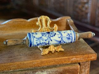 Artisan Vintage Miniature Dollhouse Porcelain Rolling Pin Blue White Paint Wood 6