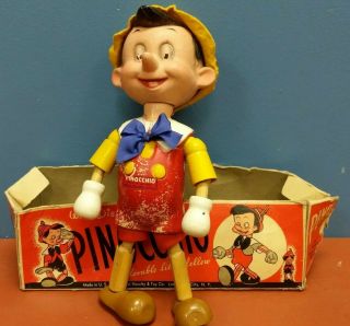 Vtg Ideal Novelty & Toy Co.  Walt Disney Pinocchio Wood String Jointed Doll W/box