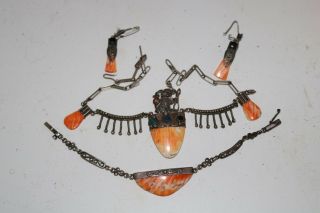 Vintage Spiny Oyster 950 Silver Necklace Bracelet & Earrings Set Native American