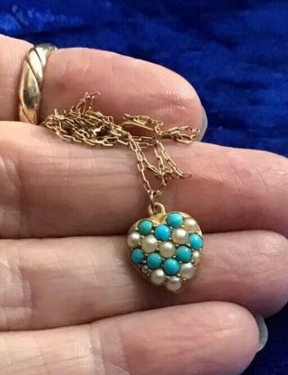 Fine Antique Edwardian Real 9ct Gold Turquoise & Pearl Heart Pendant & Chain