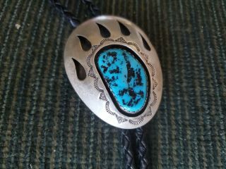 Vintage Navajo Native Sterling Silver Turquoise Bear Paw Claw Bolo Signed