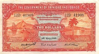 Trinidad & Tobago $2 1.  5.  1942 P 8 Series 12d Rare Circulated Banknote Lb9