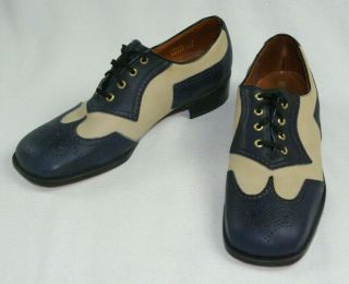 Vintage Freeman Mens 10 Blue Beige Leather Brogue Wingtip Spectator Oxford Shoes