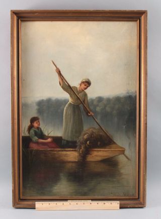 Antique William H Yates English Genre Oil Painting,  Woman Collecting Seaweed,  Nr