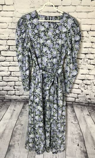 Vintage Laura Ashley Peplum Shoulder Prairie Dress Floral Print 80’s Belt Sz 14