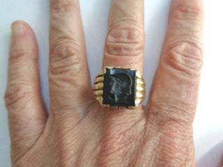 Mens Antique 10k Gold Black Onyx Roman Intaglio Soldier Ring 7.  13g Not Scrap