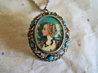 Miniature Pendant Brooch Or Pendant Hand Painted Portrait Turquoise 800 Silver