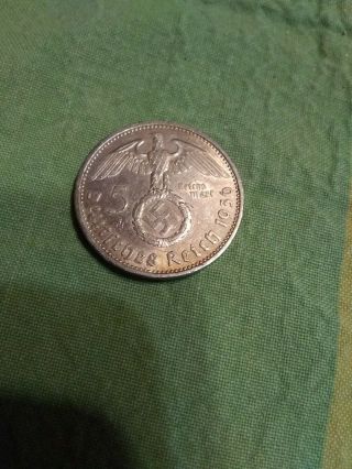 1936 German Ww2 Nazi 5 Reichsmark Swastika Silver Coin Rare Hitler Era
