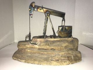 Vtg Metal Art Oil Derrick Rig On Cast Stone Base Oil Industry Signed 1980 Texas
