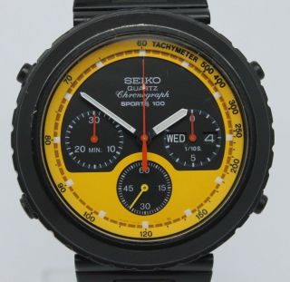 Vintage 1985 Seiko Sports 100 7a38 - 7140 Black Pvd Mens Quartz Chronograph Watch