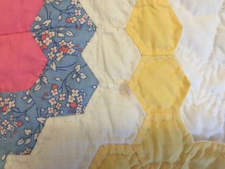 VTG 1930 ' s Grandmothers Flower Garden Quilt 72 x 85 Antique Yellow Handmade 10