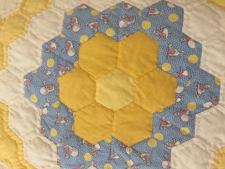 VTG 1930 ' s Grandmothers Flower Garden Quilt 72 x 85 Antique Yellow Handmade 6