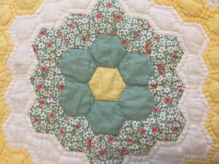 VTG 1930 ' s Grandmothers Flower Garden Quilt 72 x 85 Antique Yellow Handmade 7