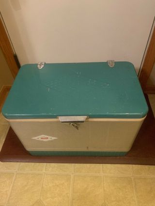 Vintage 1950’s Coleman Cooler With Tray And Drain Plug Diamond Logo/teal Alumn.