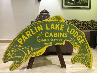 Vintage Parlin Lake Fishing Lodge Porcelain Sign Gas,  Pegasus 2 Side Wall Hanging