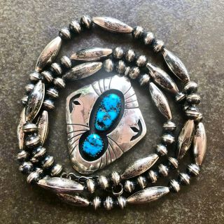 Vintage Navajo Sterling Silver Bench Beads Turquoise Shadowbox Pendant Necklace