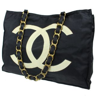 Chanel Cc Chain Shoulder Tote Bag Black Nylon Vintage France Authentic Z84 M