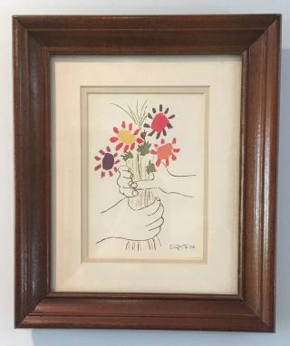 Vtg Pablo Picasso Hands With Flowers 5x7 Framed Lithograph Print In Wood Frame